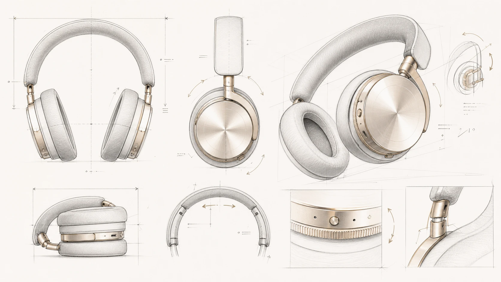 AI-assisted industrial design sketch sheet exploring premium over-ear headphone form, controls, and folding details