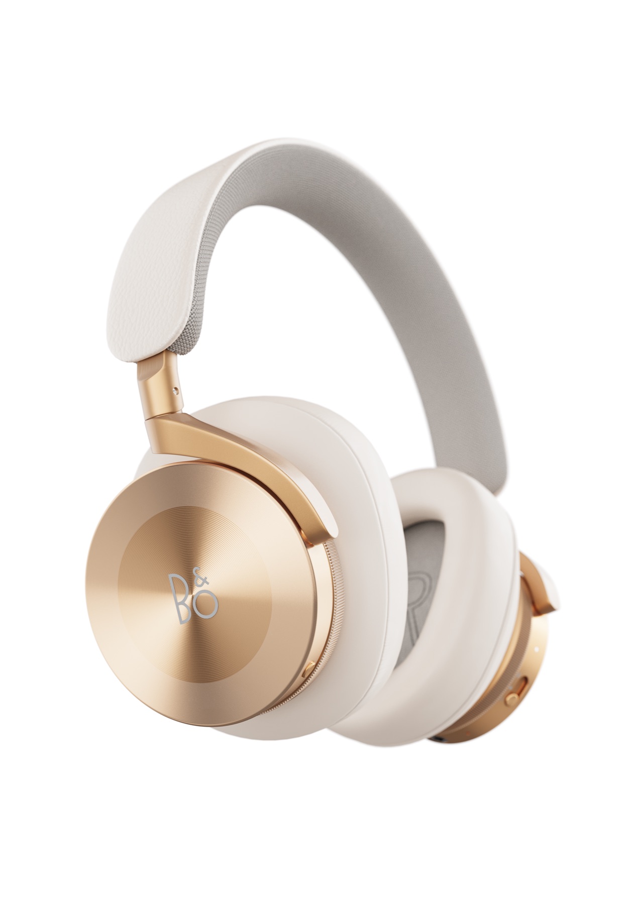 Three-quarter CGI detail of the Beoplay H95 showing circular brushed aluminum, leather cushions, and woven headband lining