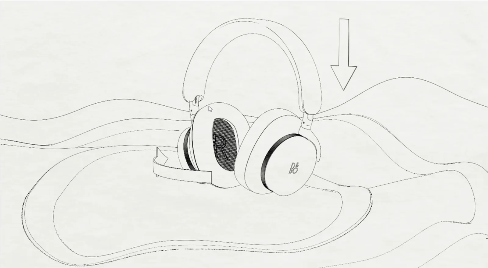 Storyboard frame placing the headphones into a soft sculptural context scene