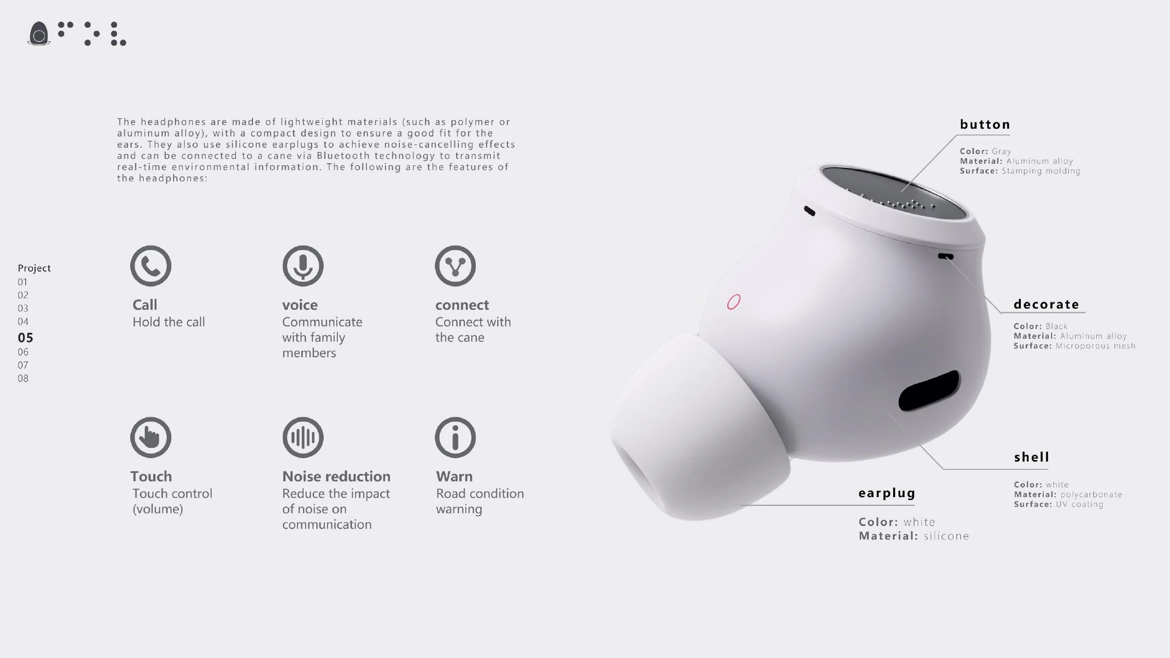 Field of Vision handle feature page with call, voice, connect, touch, noise reduction, and vibration functions
