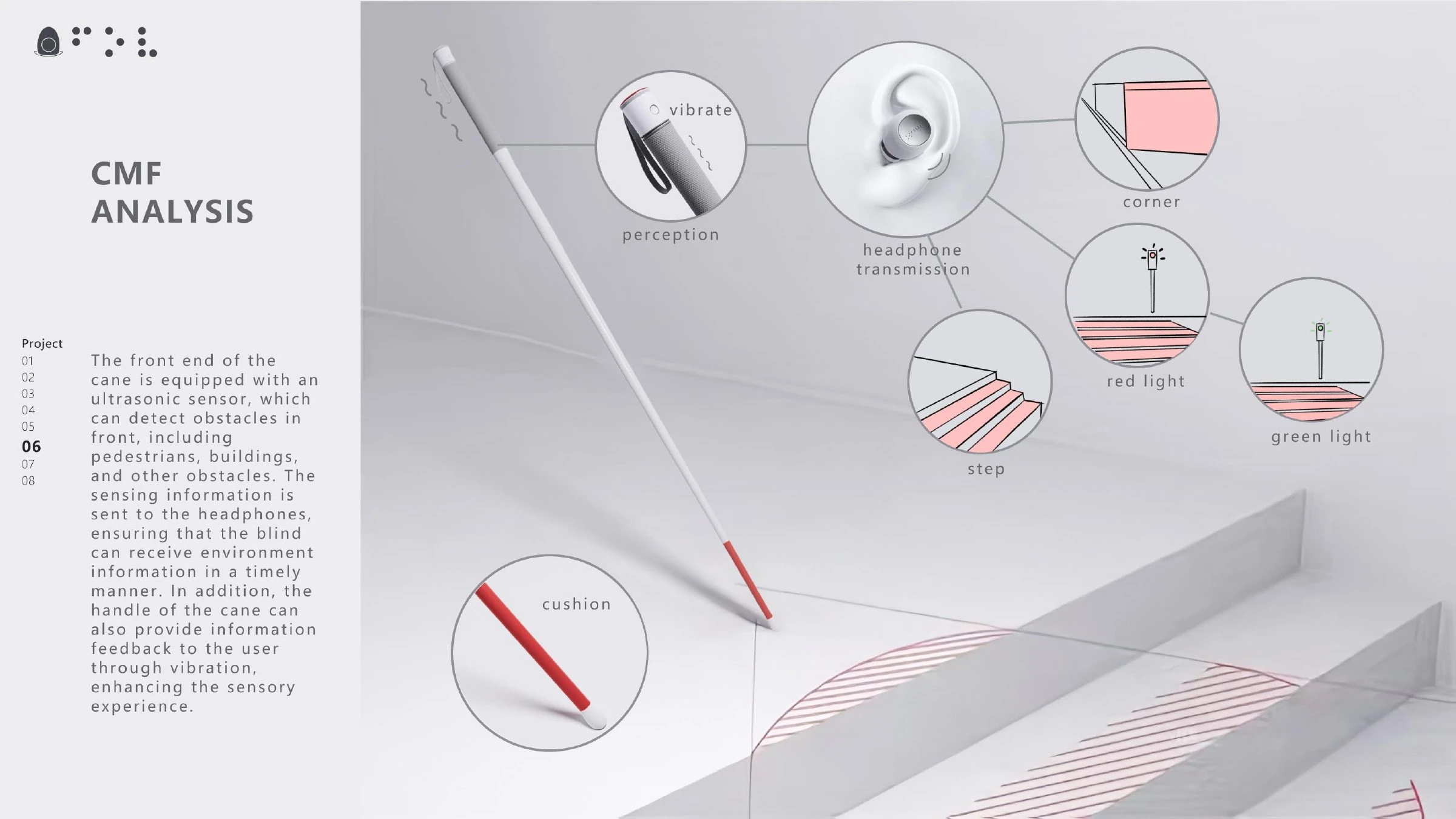 Field of Vision cane system CMF analysis with grip, red strip, and green-light detail