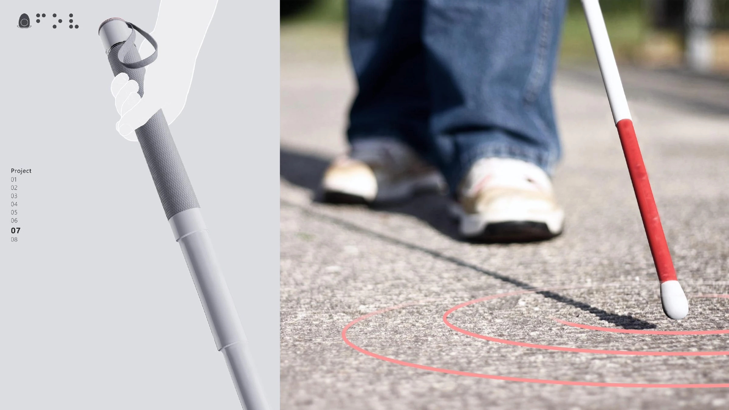 Field of Vision cane tip and tactile ground detection visualization