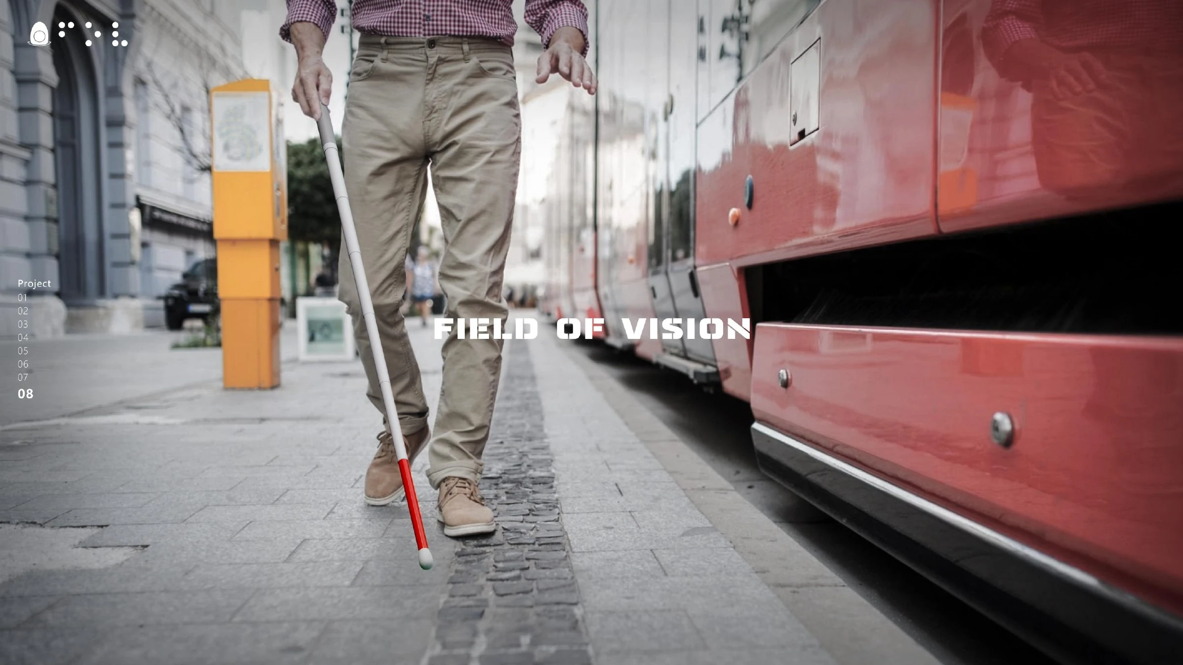 Field of Vision final presentation page showing a visually impaired user walking beside a tram