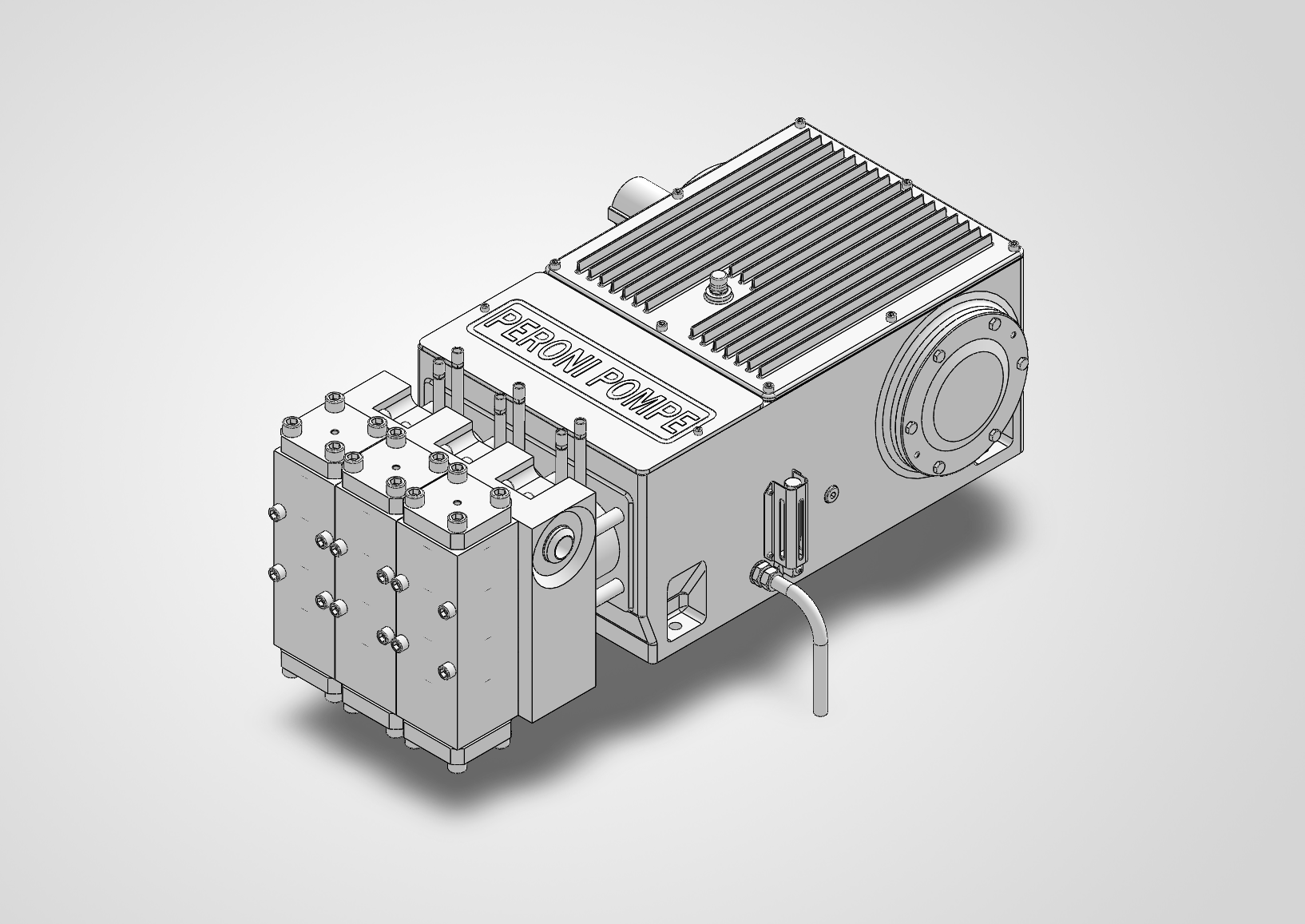 SolidWorks CAD view of the complete 3130N plunger pump before visualization preparation