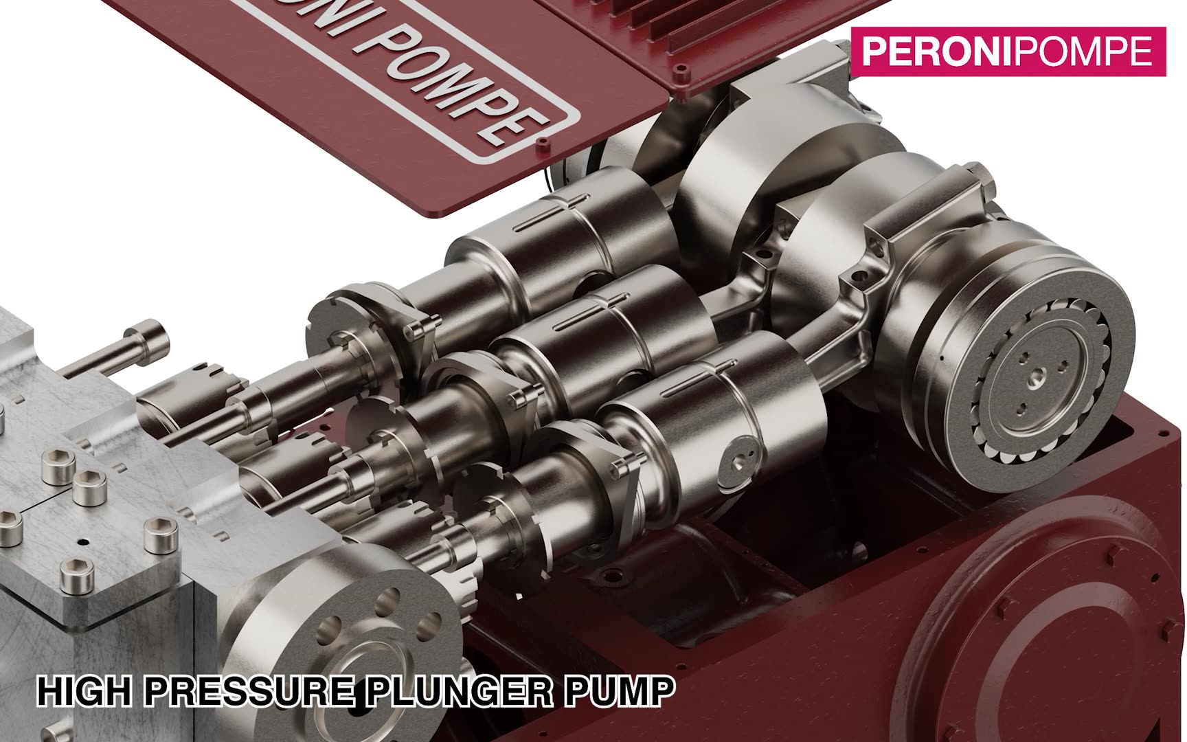 3130N power end shown in close view with crankshaft, connecting rods, and three plunger axes visible
