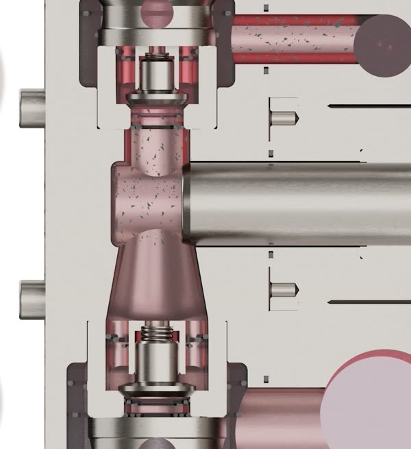 3130N liquid-end keyframe showing the magenta discharge phase and corresponding valve state