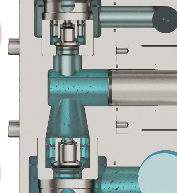 3130N liquid-end keyframe showing the cyan suction phase and corresponding valve state