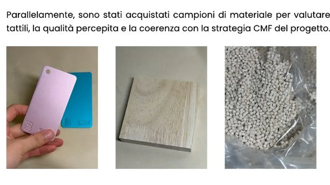 Physical colour and material samples including anodized metal chips, light wood, and polymer pellets