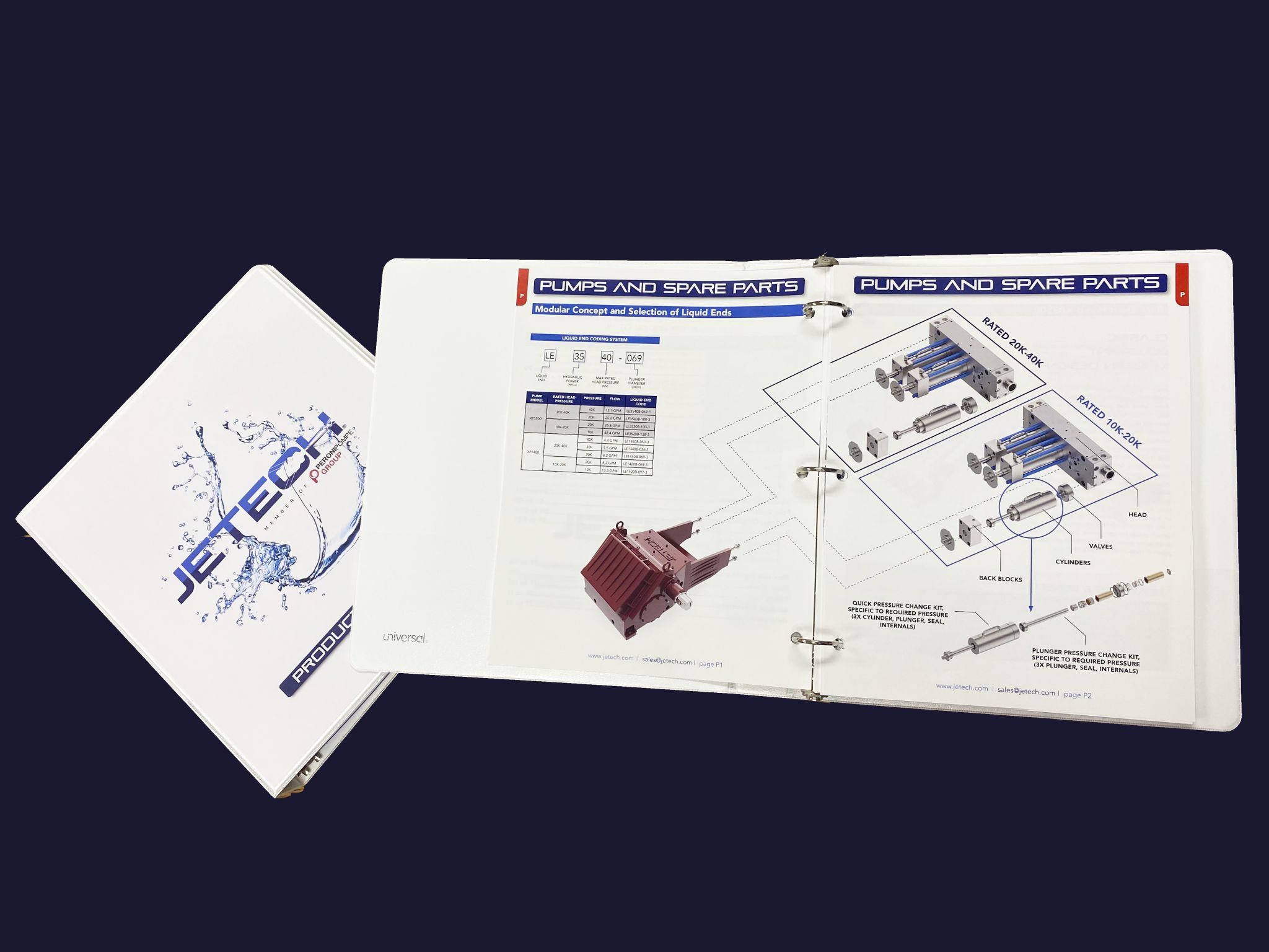 Printed Jetech product catalog showing the product information layout and rendered product imagery