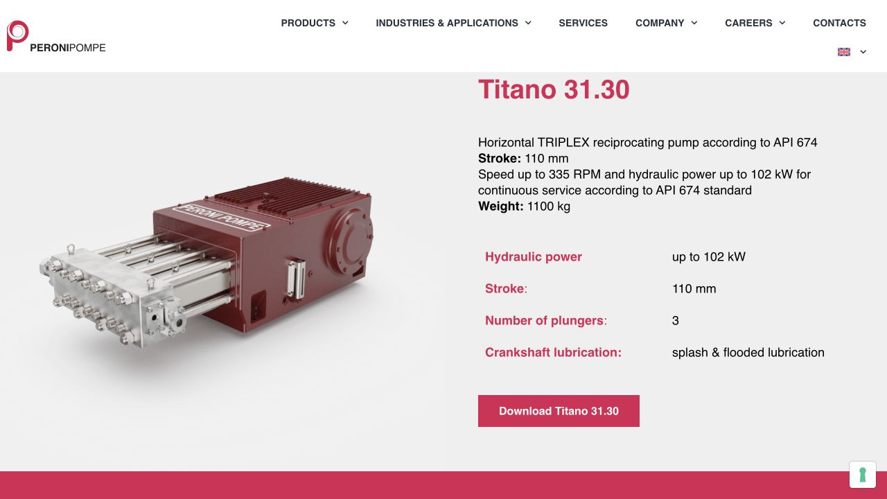 Live Titano 31.30 interactive product viewer on the official Peroni Pompe product page