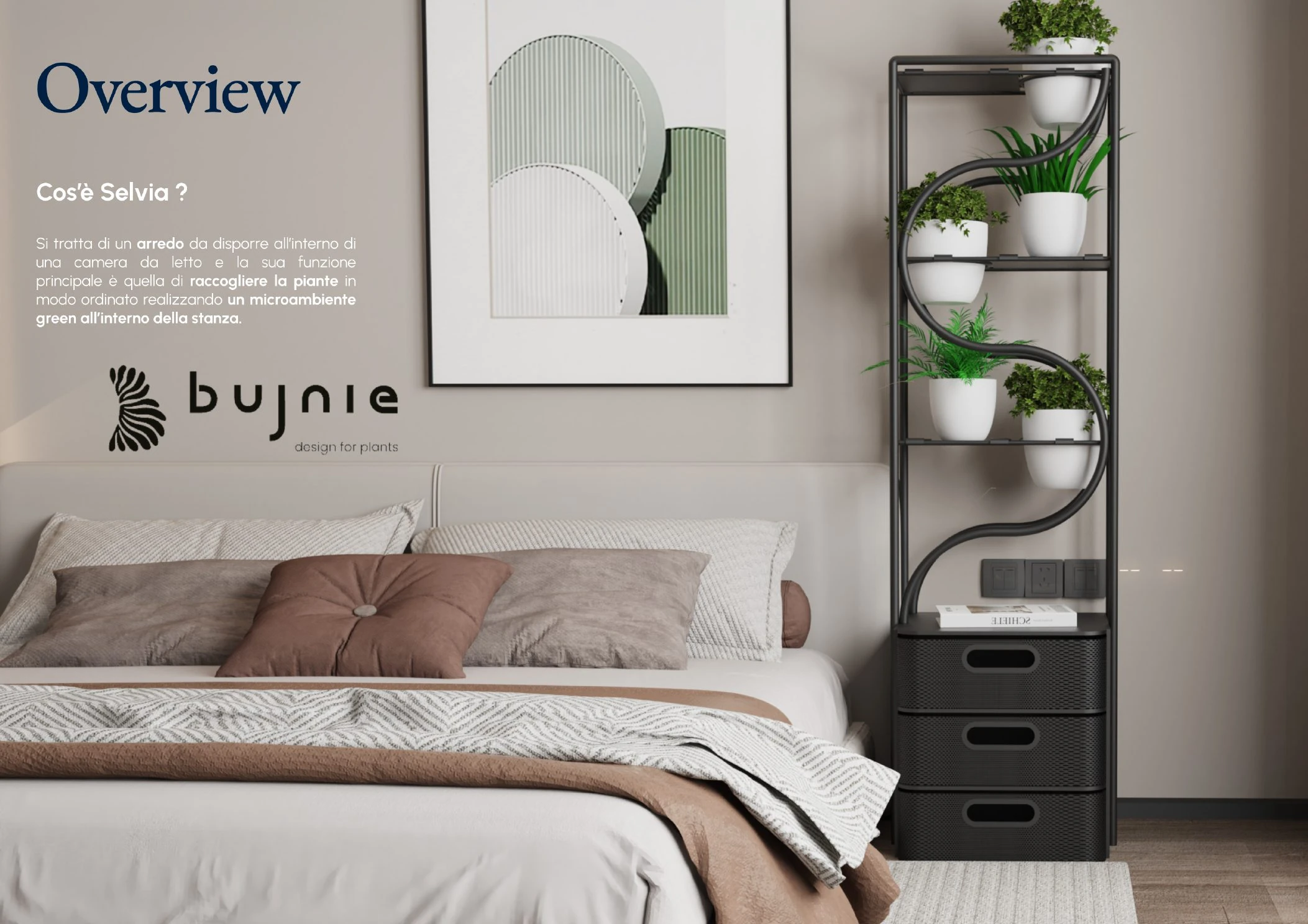 Selvia overview page showing the indoor gardening furniture concept in a bedroom setting