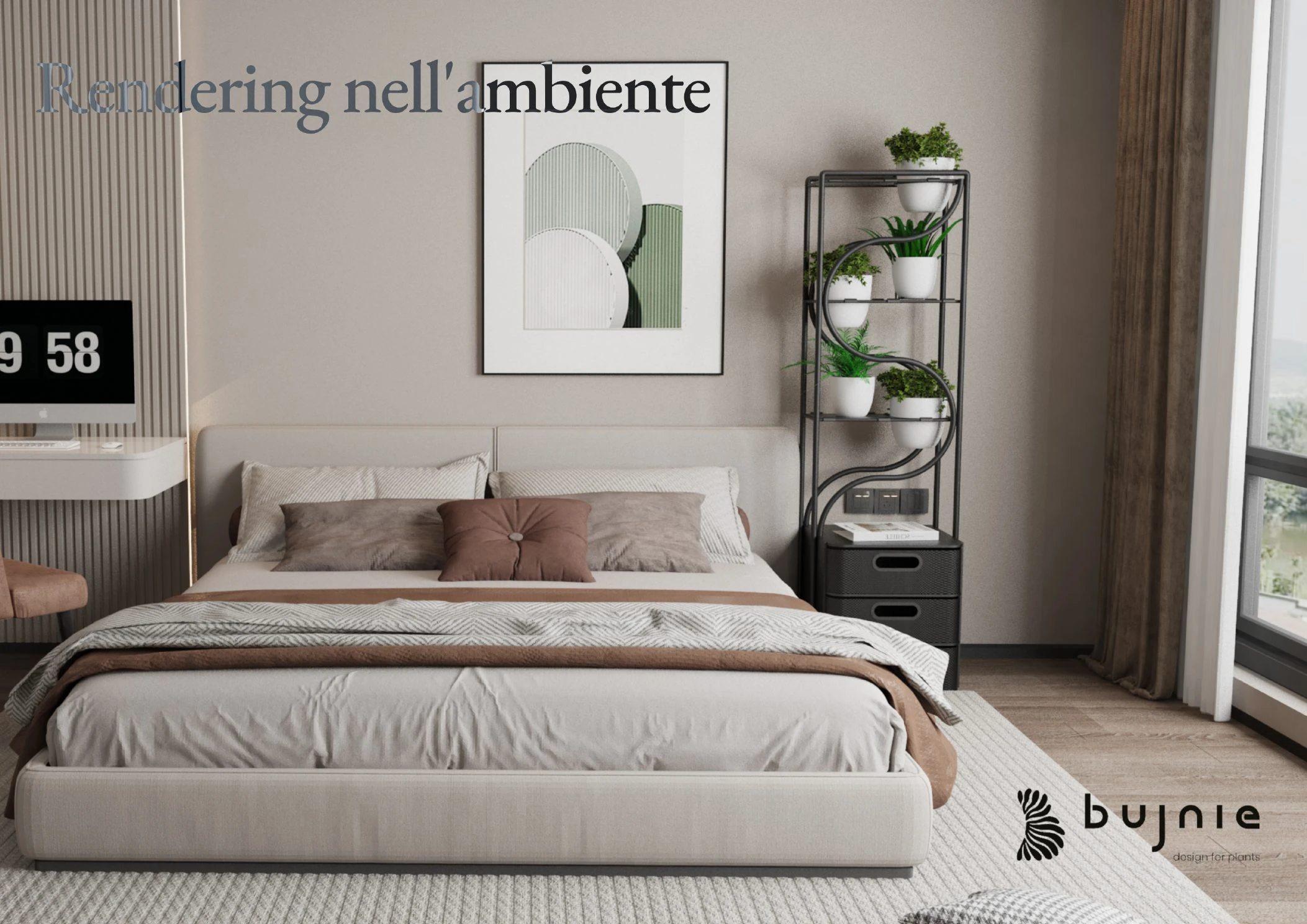 Selvia bedroom rendering showing the plant furniture beside a bed