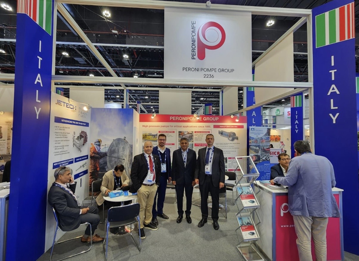 Peroni Pompe exhibition booth at ADIPEC 2025 in Abu Dhabi using large-format product communication panels