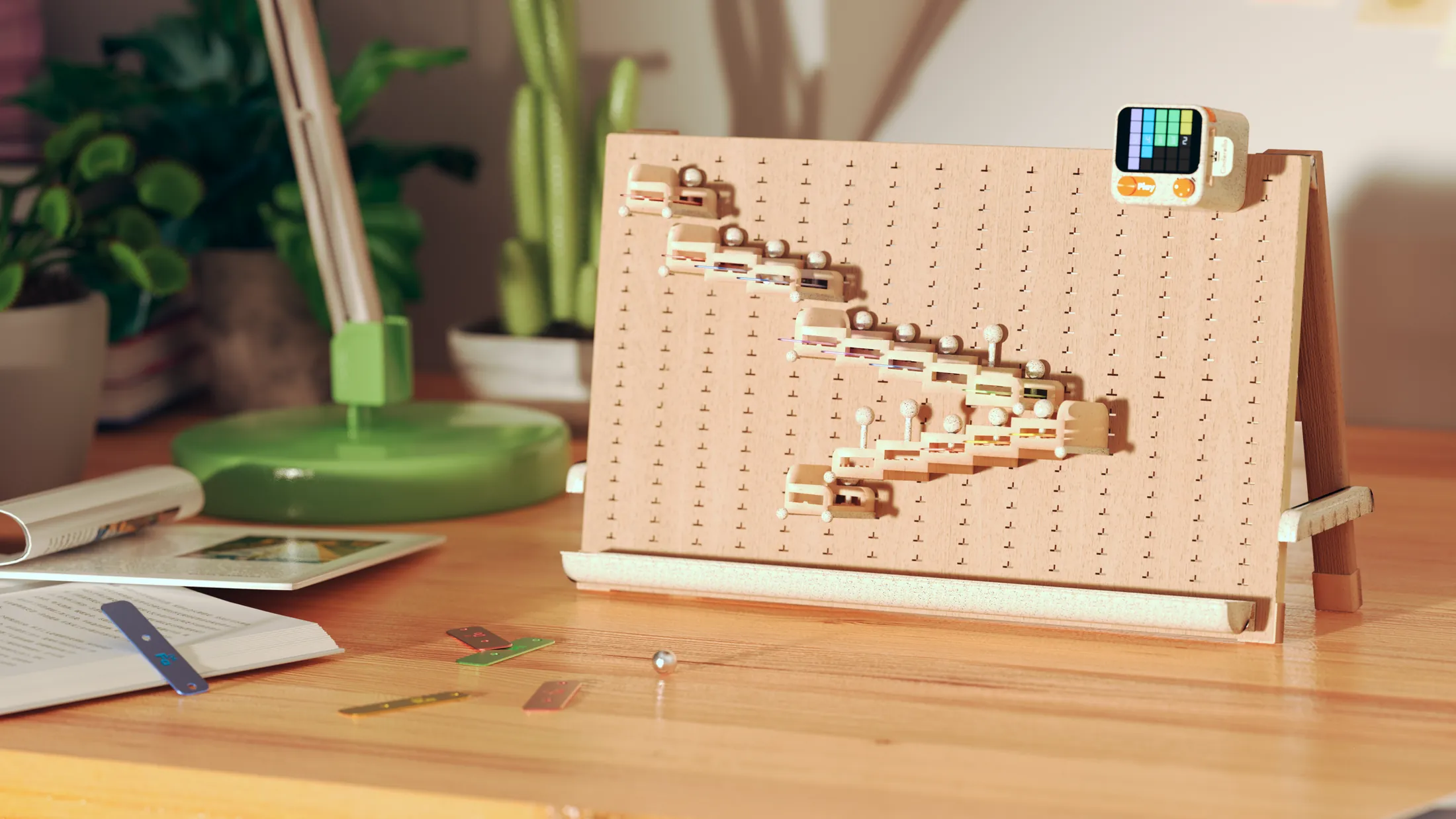 Magnetic activity board on a desk with warm lighting