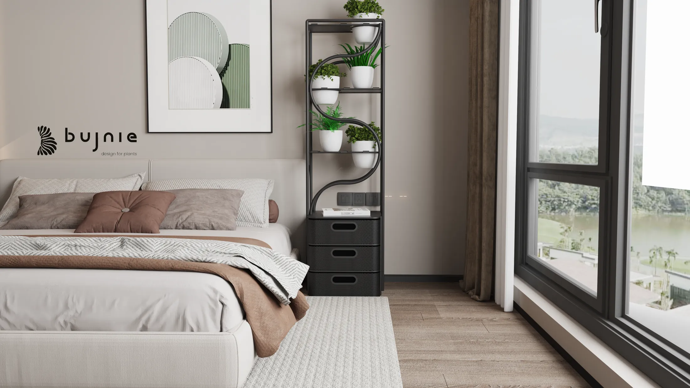Selvia modular indoor plant furniture system shown in a bedroom setting